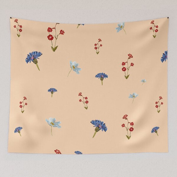 Item preview, Flower blue red daisy seamless watercolor pattern peach designed and sold by Yana Mustafina | Boho Soulful Designs.