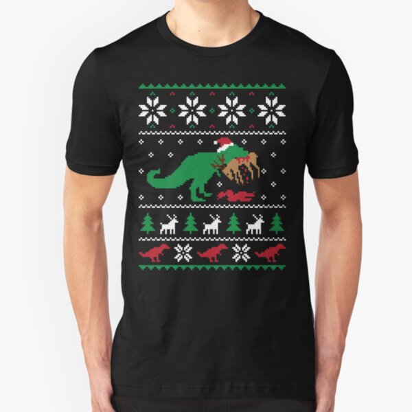 Dinosaur Ugly Christmas Sweater - Funny Christmas Gift Slim Fit T-Shirt