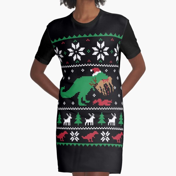Dinosaur Ugly Christmas Sweater - Funny Christmas Gift Graphic T-Shirt Dress
