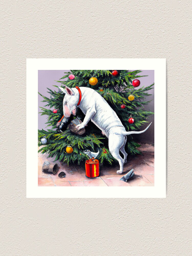 Bull Terrier destroying Christmas Tree Art Print for Sale by