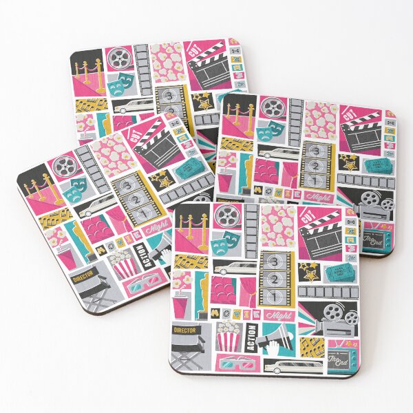 Item preview, Movie night // white background yellow pink and teal film and cinema motifs designed and sold by SelmaCardoso.