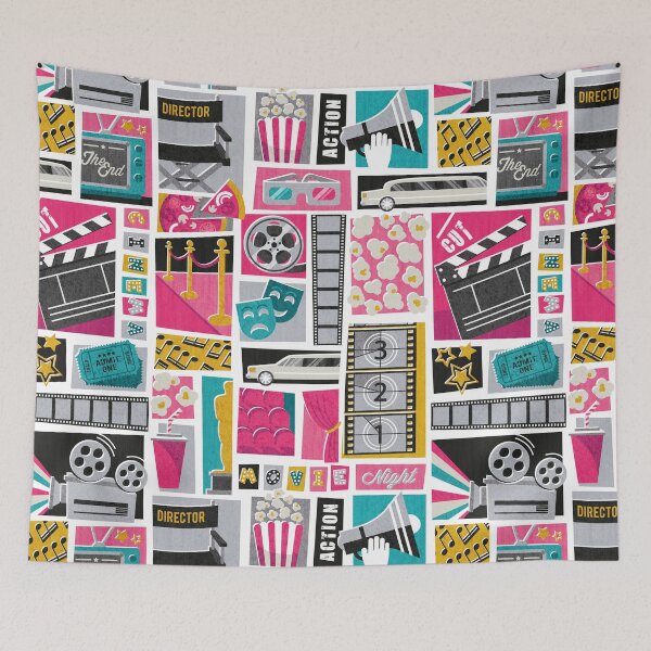 Item preview, Movie night // white background yellow pink and teal film and cinema motifs designed and sold by SelmaCardoso.