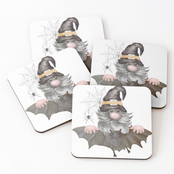 Item preview, Old gnome with a witcher's hat and a long beard. Halloween old goblin flying on bat with cobwebs hand painted in watercolor designed and sold by Marina Braga  Artista en acuarela y diseñadora gráfica.