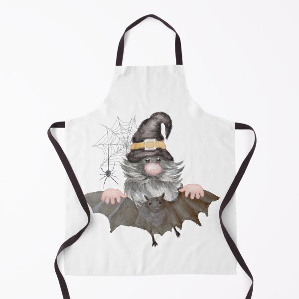 Item preview, Old gnome with a witcher's hat and a long beard. Halloween old goblin flying on bat with cobwebs hand painted in watercolor designed and sold by Marina Braga Artista en acuarela y diseñadora gráfica.