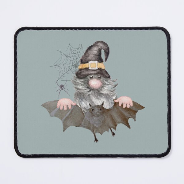 Item preview, Old gnome with a witcher's hat and a long beard. Halloween old goblin flying on bat with cobwebs hand painted in watercolor designed and sold by Marina Braga Artista en acuarela y diseñadora gráfica.