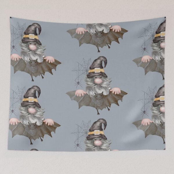 Item preview, Old gnome with a witcher's hat and a long beard. Halloween old goblin flying on bat with cobwebs hand painted in watercolor designed and sold by Marina Braga  Artista en acuarela y diseñadora gráfica.