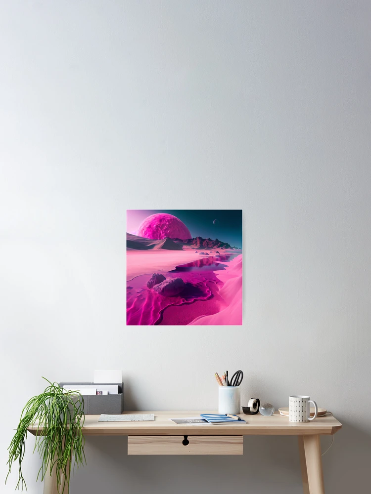 Imagen 2 de 3, Póster con la obra Trippy Pink Alien Planet with Distant Planets Digital Painting, diseñada y vendida por CodeAndColors.