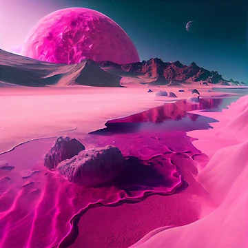 Imagen de la obra Trippy Pink Alien Planet with Distant Planets Digital Painting de CodeAndColors