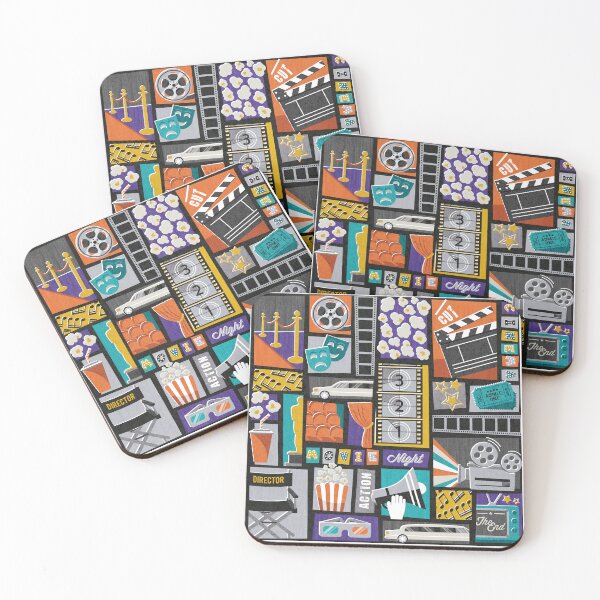 Item preview, Movie night // black background yellow orange teal and purple retro vintage film and cinema motifs designed and sold by SelmaCardoso.