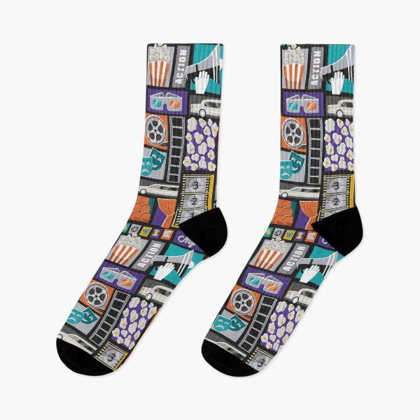Item preview, Movie night // black background yellow orange teal and purple retro vintage film and cinema motifs designed and sold by SelmaCardoso.