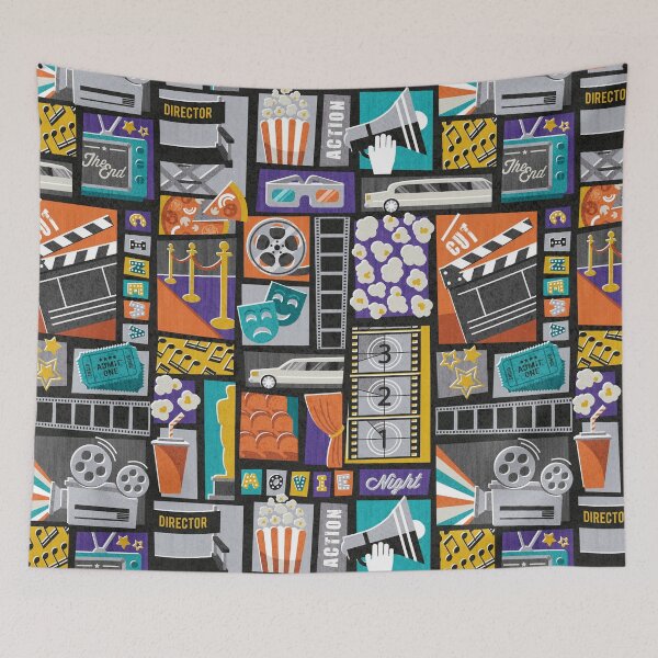 Item preview, Movie night // black background yellow orange teal and purple retro vintage film and cinema motifs designed and sold by SelmaCardoso.