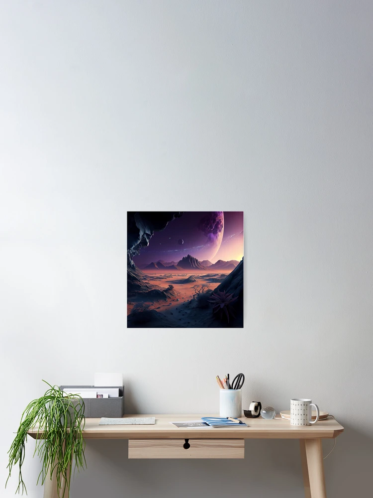 Imagen 2 de 3, Póster con la obra Vast Desert with Distant Stars and Planets Digital Painting, diseñada y vendida por CodeAndColors.