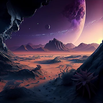 Imagen de la obra Vast Desert with Distant Stars and Planets Digital Painting de CodeAndColors
