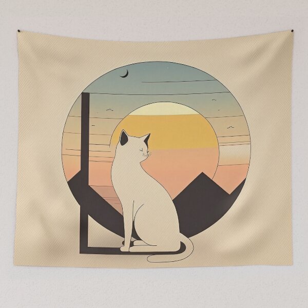 Aperçu de l'œuvre chat regardant le coucher du soleil créée et vendue par Chillapy.