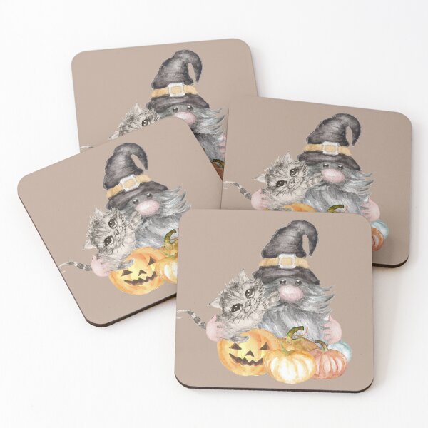 Item preview, Illustration Old gnome with witch hat,pumpkins and cat hand painted in watercolor.Halloween design designed and sold by Marina Braga  Artista en acuarela y diseñadora gráfica.