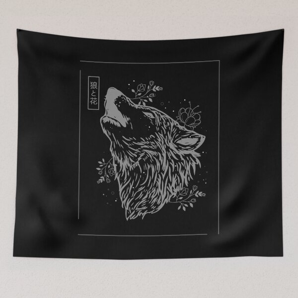 Item preview, Gray Japanese Wolf Line Art Floral Animal Drawing designed and sold by SnazzyStyles.