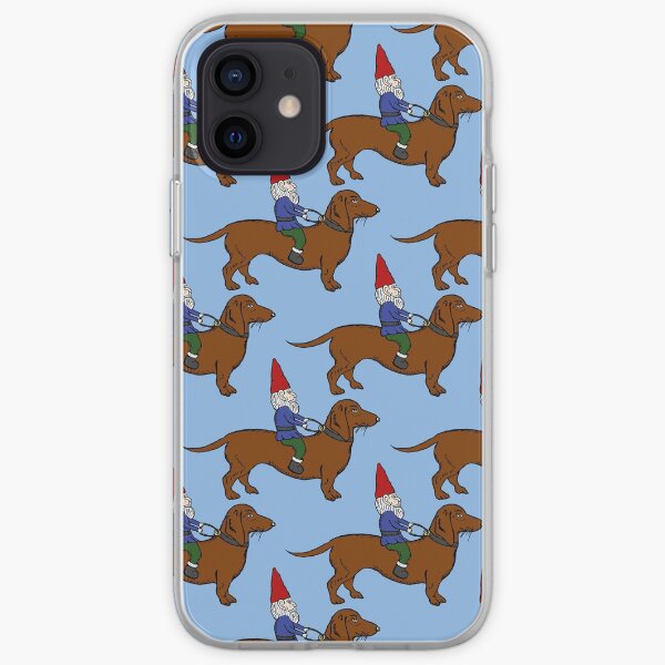 Gnome Riding a Dachshund Pattern, Light Blue Background iPhone Soft Case