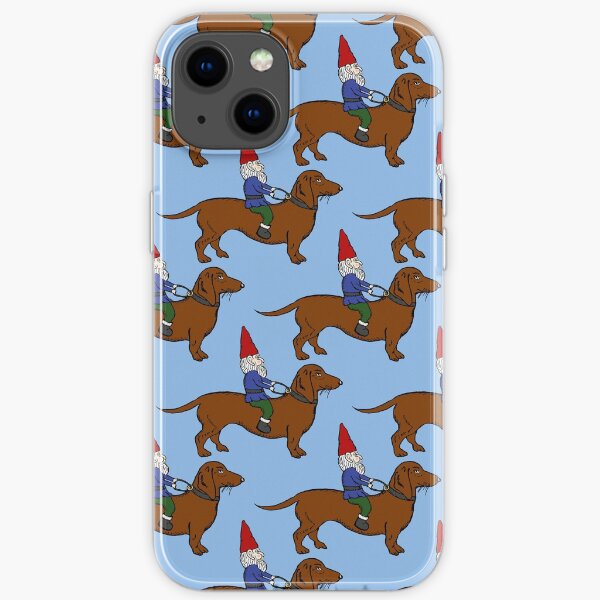 Gnome Riding a Dachshund Pattern, Light Blue Background iPhone Soft Case