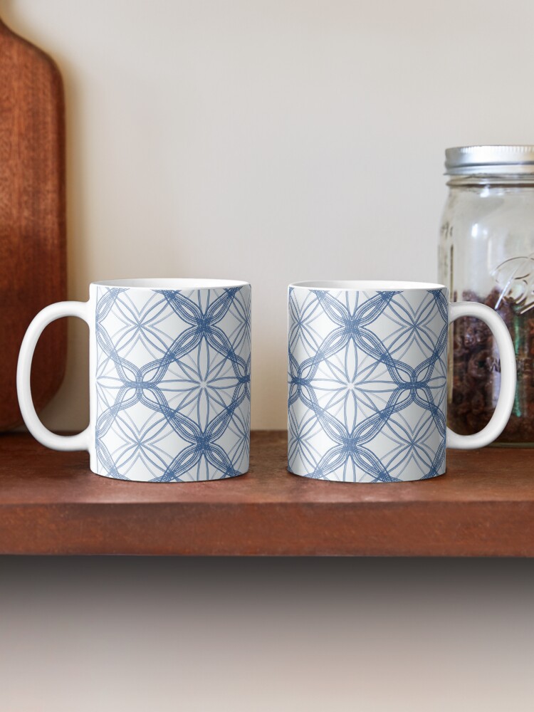 Coffee Mug, Blue + white radial symmetry pattern designed and sold by Sprankel