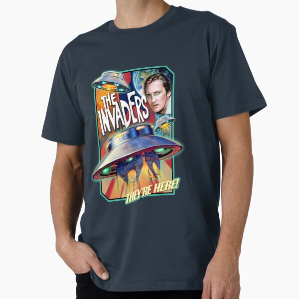 Item preview, THE INVADERS  (1967 logo) - They're Here -  David Vincent - Flying Saucer UFO - Vintage Art designed and sold by RetroTeeStudio.
