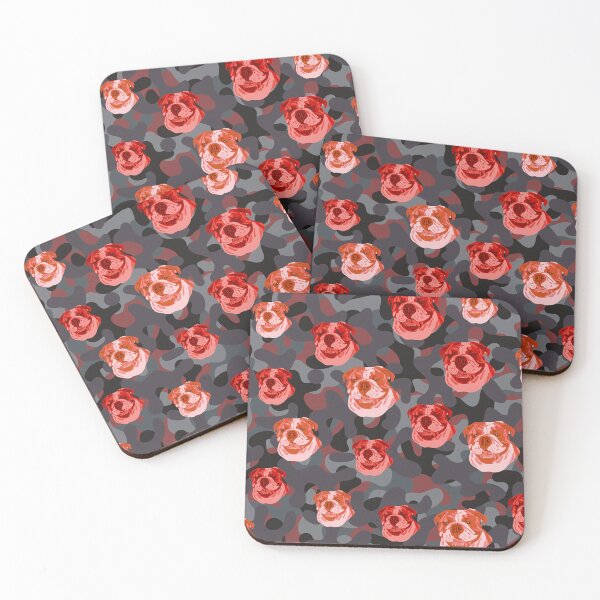 Item preview, Smiling English Bulldog Face And Camo Pattern Red and Grey designed and sold by DuFauna.