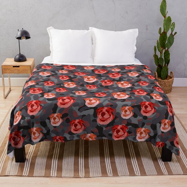 Item preview, Smiling English Bulldog Face And Camo Pattern Red and Grey designed and sold by DuFauna.