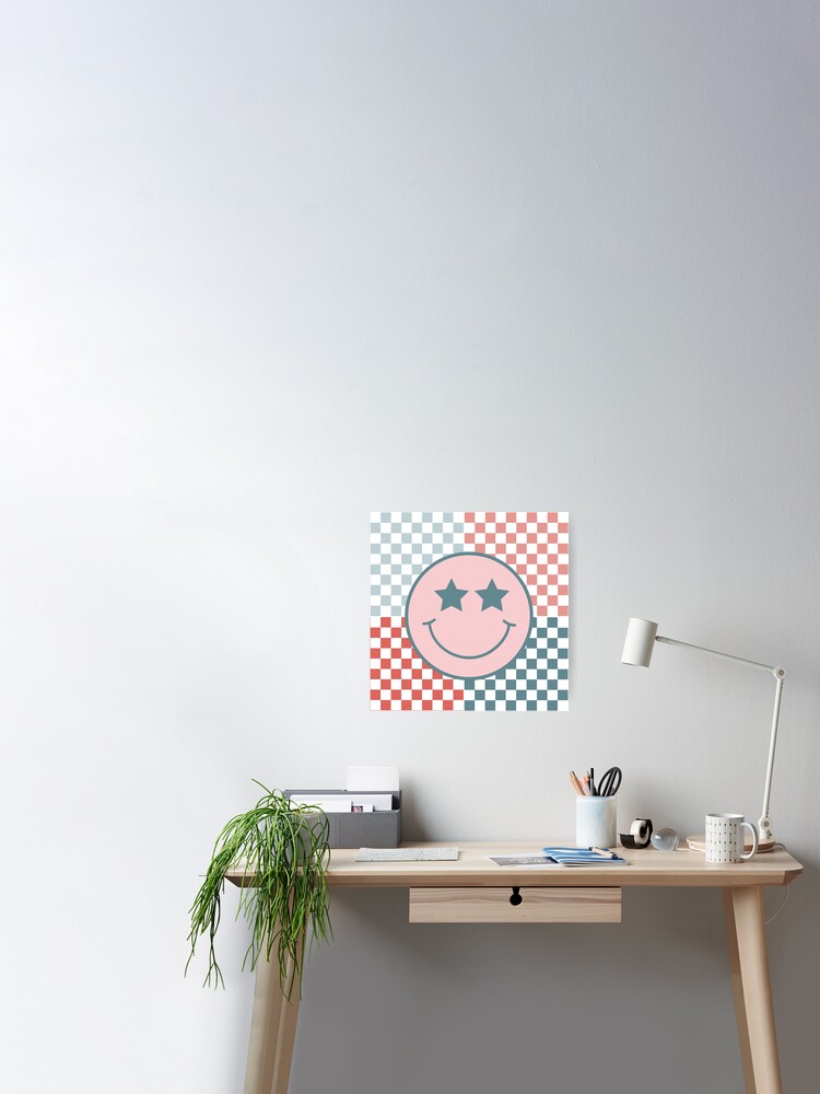 Smiley Flower Face on Pastel Warped Checkerboard Poster by Cocoon Design