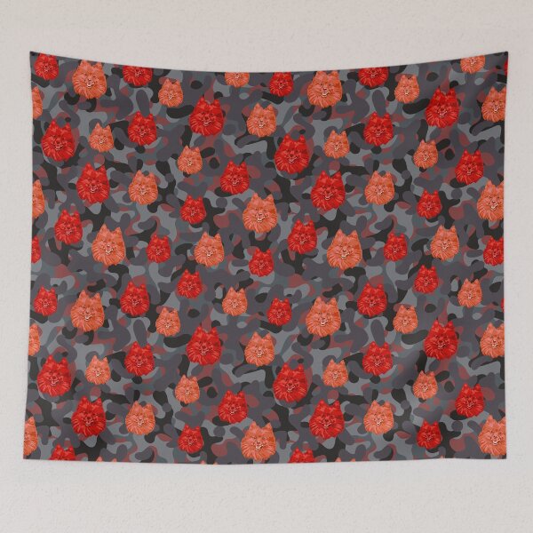 Item preview, Smiling Pomeranian Face And Camo Pattern Red and Grey designed and sold by DuFauna.
