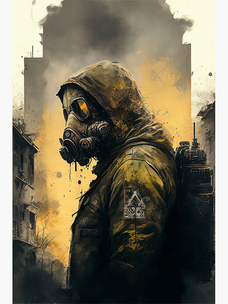 Man in yellow hooded hazmat suit and black gas mask. Apocalypse