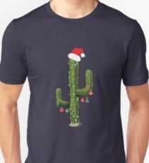 Cactus Christmas Tree Lights Wearing Santa Hat Unisex T-Shirt