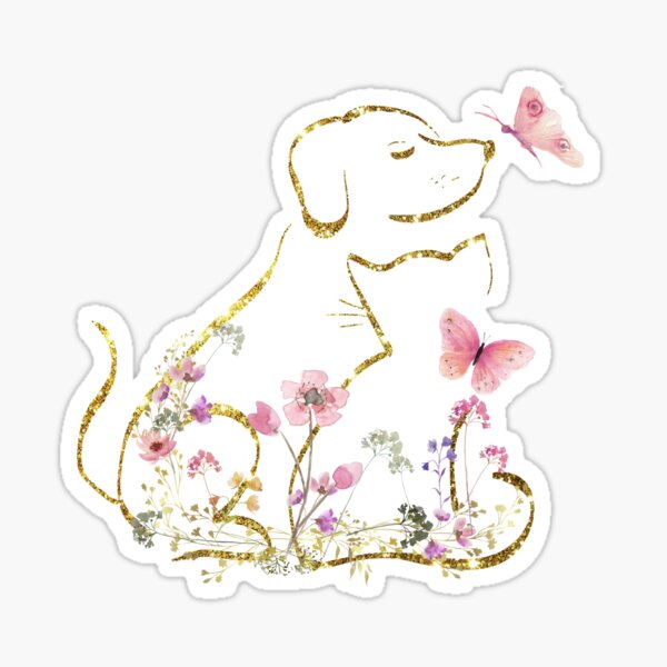 Item preview, Dog and cat drawing bright line art with pink flowers and butterflies watercolor.Illustration cute pets among the flowers pets designed and sold by Marina Braga  Artista en acuarela y diseñadora gráfica.
