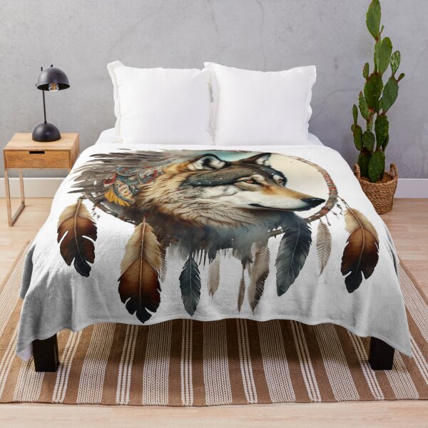 Artikelvorschau, Boho Wolf Painting mit Kranz und Federn - Spirit Animal Portrait entworfen und verkauft von photo4u2.