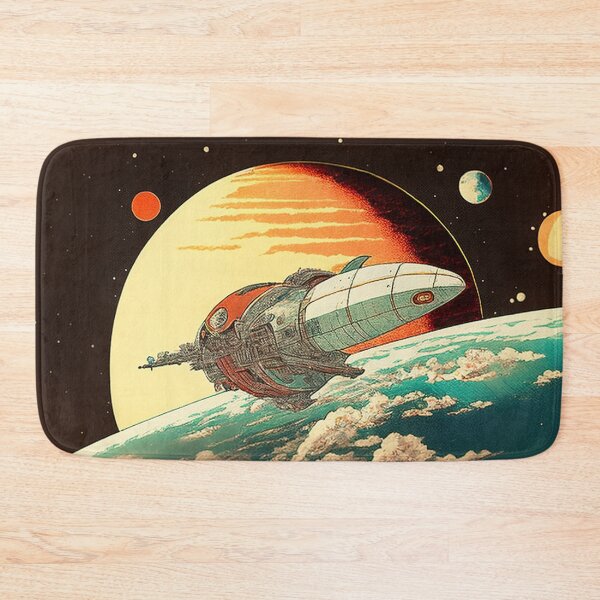 Item preview, Futuristic spaceship in space near habitable planet an ukiyo-e style woodblock print designed and sold by ArtifactVault.