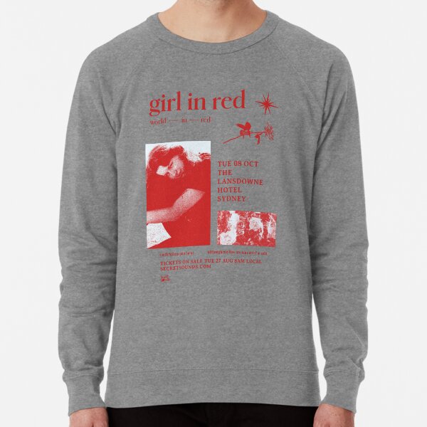 Girl in red merch sweatshirt clearance