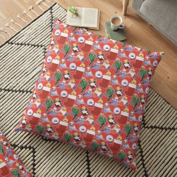 Christmas Budgies & Cockatiels - red Floor Pillow