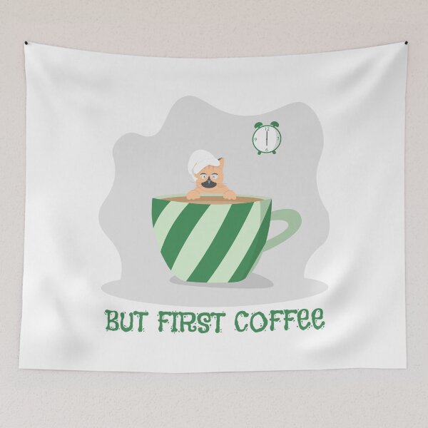 Item preview, Sleepy red cat sits leaning on a mug of coffee. Postcard with the inscription but first coffee designed and sold by Amnise.