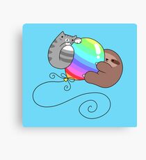 Rainbow Balloon Sloth and Cat Canvas Print