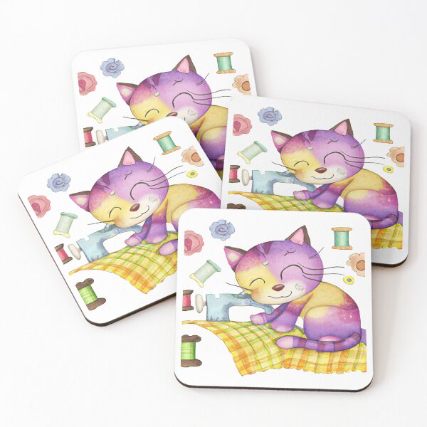 Item preview, Happy kitten sewing and knitting watercolor art designed and sold by vishalraifx.