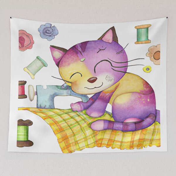 Item preview, Happy kitten sewing and knitting watercolor art designed and sold by vishalraifx.