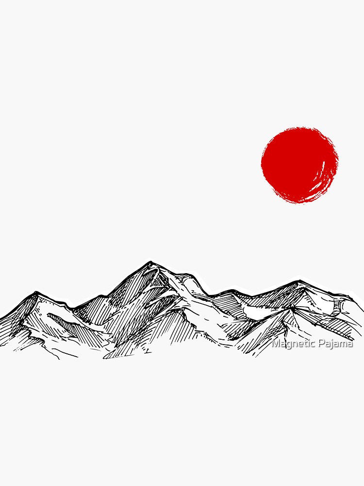Japanese Mountain Range with Red Sun Japanese Art by MagneticMama