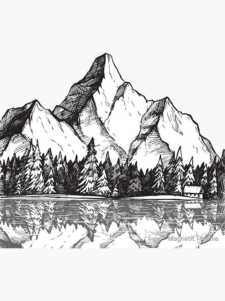 Scenic Mountain with Reflection in Lake Water // Snowy Mountains Mountain Range Drawing by MagneticMama