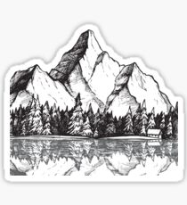 Scenic Mountain with Reflection in Lake Water // Snowy Mountains Mountain Range Drawing Sticker