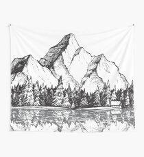 Scenic Mountain with Reflection in Lake Water // Snowy Mountains Mountain Range Drawing Wall Tapestry
