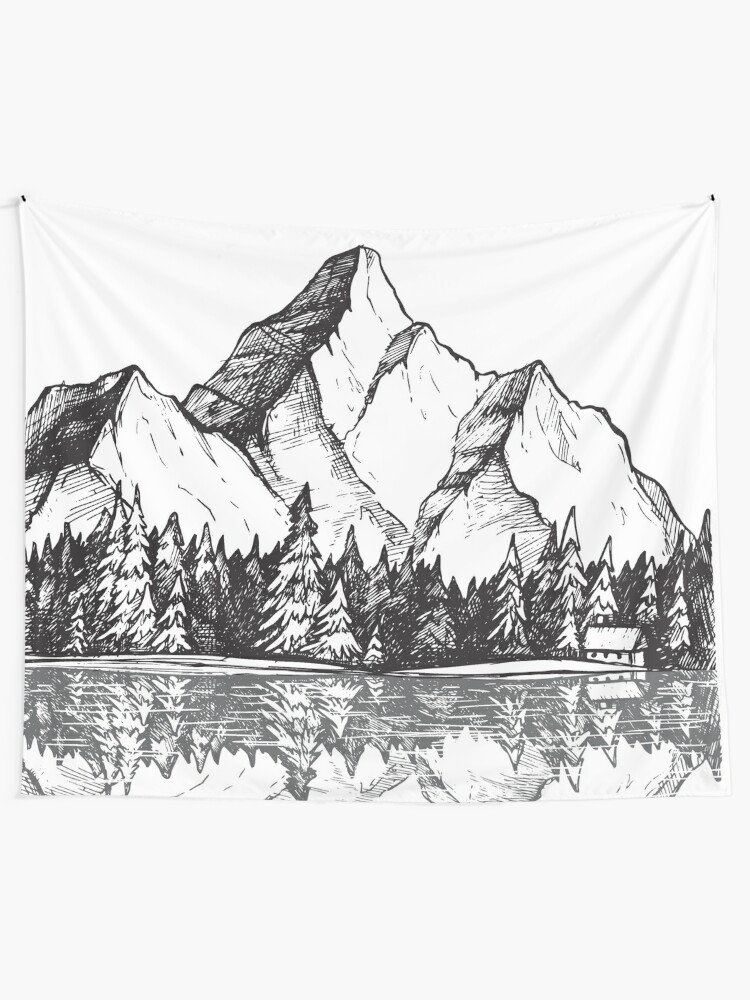 scenic mountain with reflection in lake water snowy mountains mountain range drawing tapestry by magneticmama redbubble redbubble