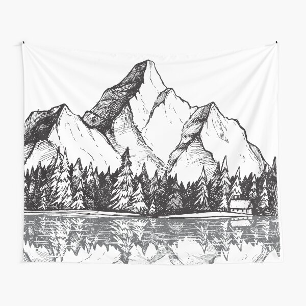 Item preview, Scenic Mountain with Reflection in Lake Water // Snowy Mountains Mountain Range Drawing designed and sold by Magnetic Pajama.