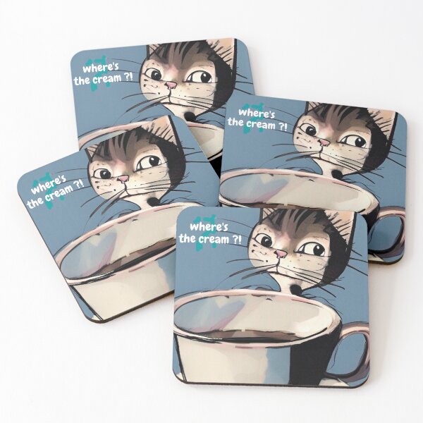 Item preview, Funny cat complains "where's the cream?" for his coffee, wall art. Cartoon funny cat wall art as prints, on canvas, or large posters. Wall art decor for your home. Choice of print sizes. designed and sold by JoelsCorner.