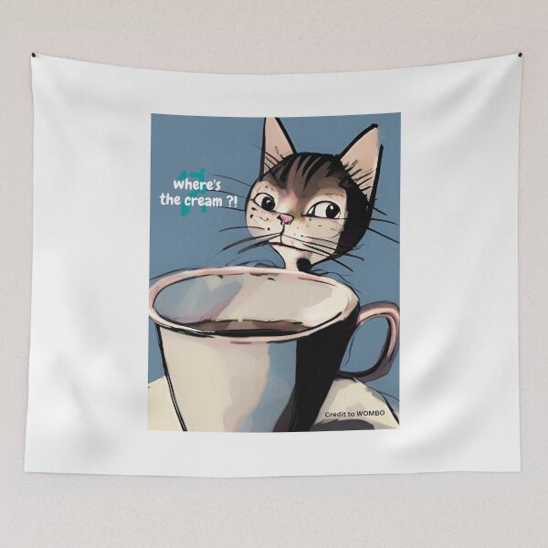 Item preview, Funny cat complains "where's the cream?" for his coffee, wall art. Cartoon funny cat wall art as prints, on canvas, or large posters. Wall art decor for your home. Choice of print sizes. designed and sold by JoelsCorner.