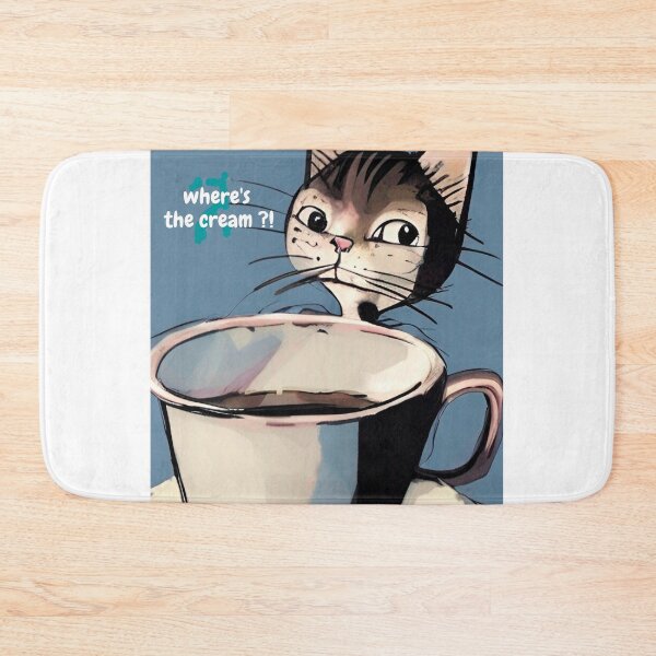Item preview, Funny cat complains "where's the cream?" for his coffee, wall art. Cartoon funny cat wall art as prints, on canvas, or large posters. Wall art decor for your home. Choice of print sizes. designed and sold by JoelsCorner.