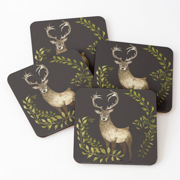 Item preview, Brown deer green lianas a watercolor illustration black designed and sold by Yana Mustafina | Boho Soulful Designs.
