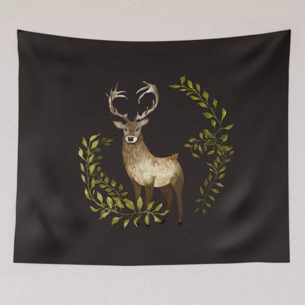 Item preview, Brown deer green lianas a watercolor illustration black designed and sold by Yana Mustafina | Boho Soulful Designs.
